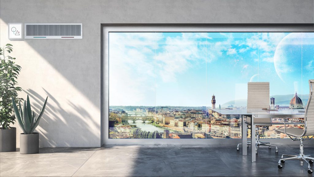 Immagine di una stanza d'ufficio con una finestra su una città del futuro. Nella stanza c'è un climatizzatore per esprimere l'idea della sanificazione attraverso sistemi di areazione e climatizzazione.