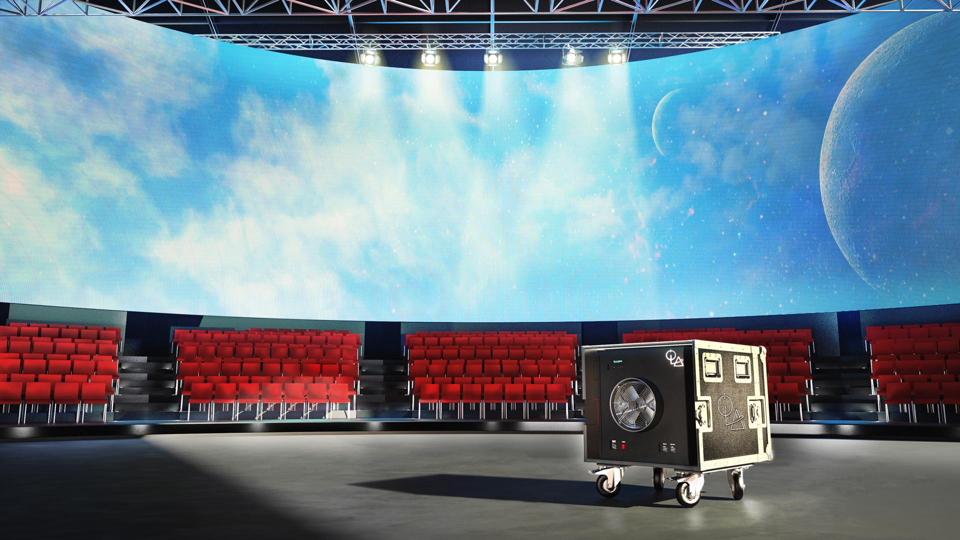 Immagine di un teatro o studio televisivo con al centro un box portatile della linea ROLL